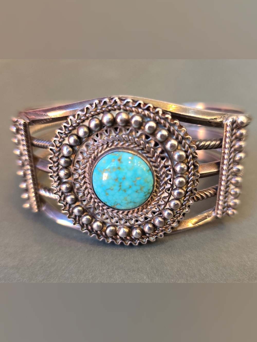 VTG Pre-1970 Heavy Ingot Sterling Silver & Turquoise Cuff Bracelet Size 6.25